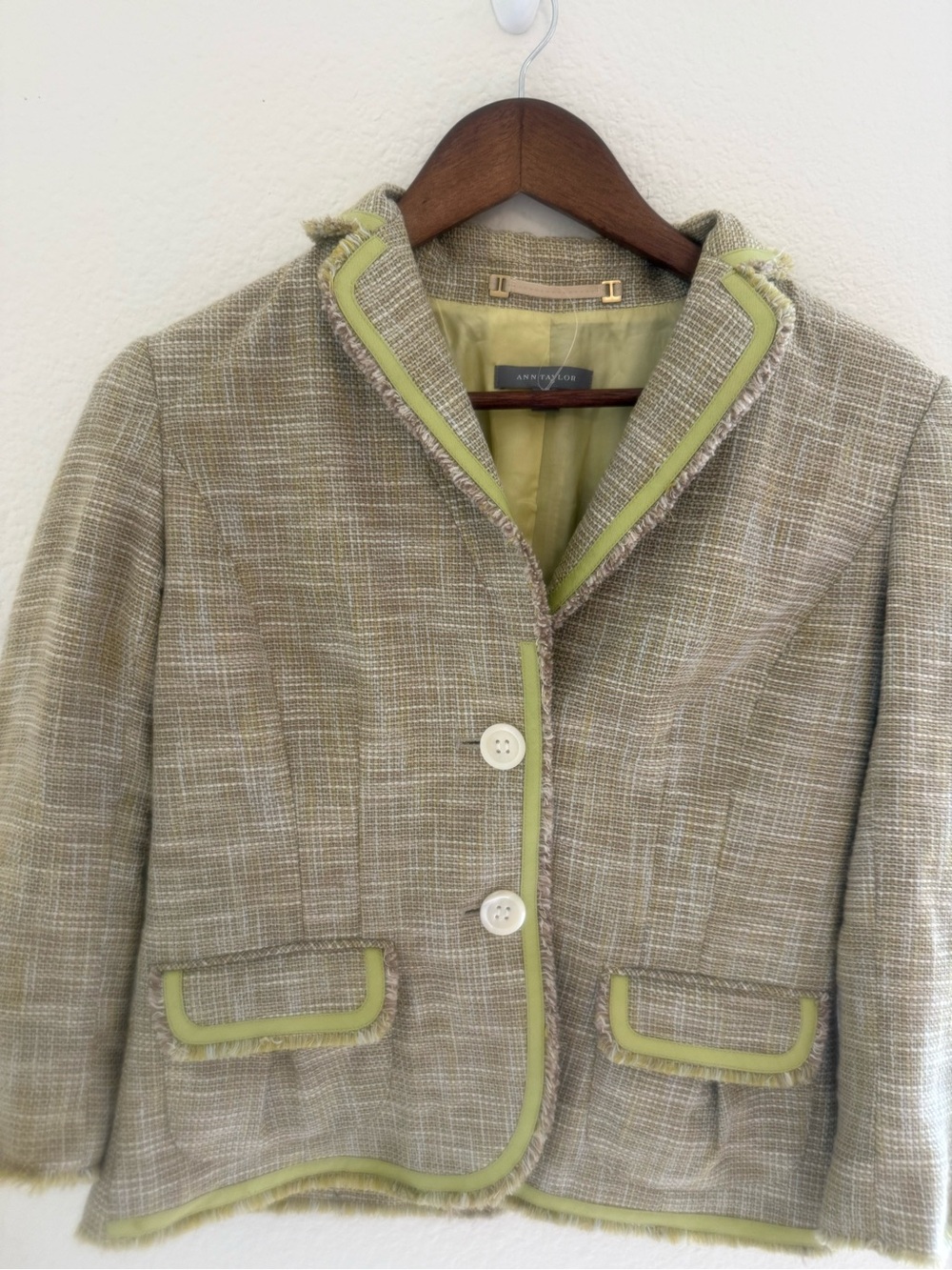 Ann Taylor Beige Tweed Jacket with Lime Trim